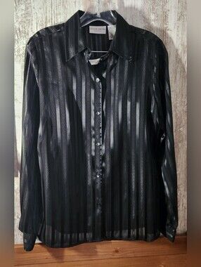 Vintage Jaclyn Smith Black Sheer Vertical Stripe Button Blouse Matching w/Tank